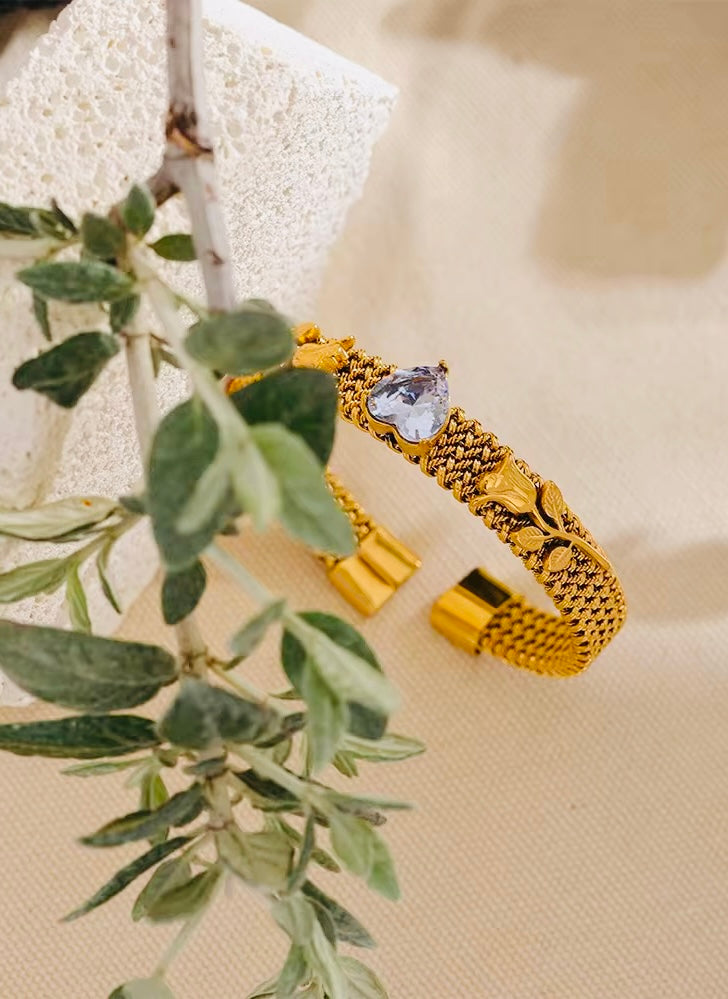 Petal Heart Rose Cuff Bracelet – 18K Gold Plated, Waterproof Stainless Steel with Cubic Zirconia