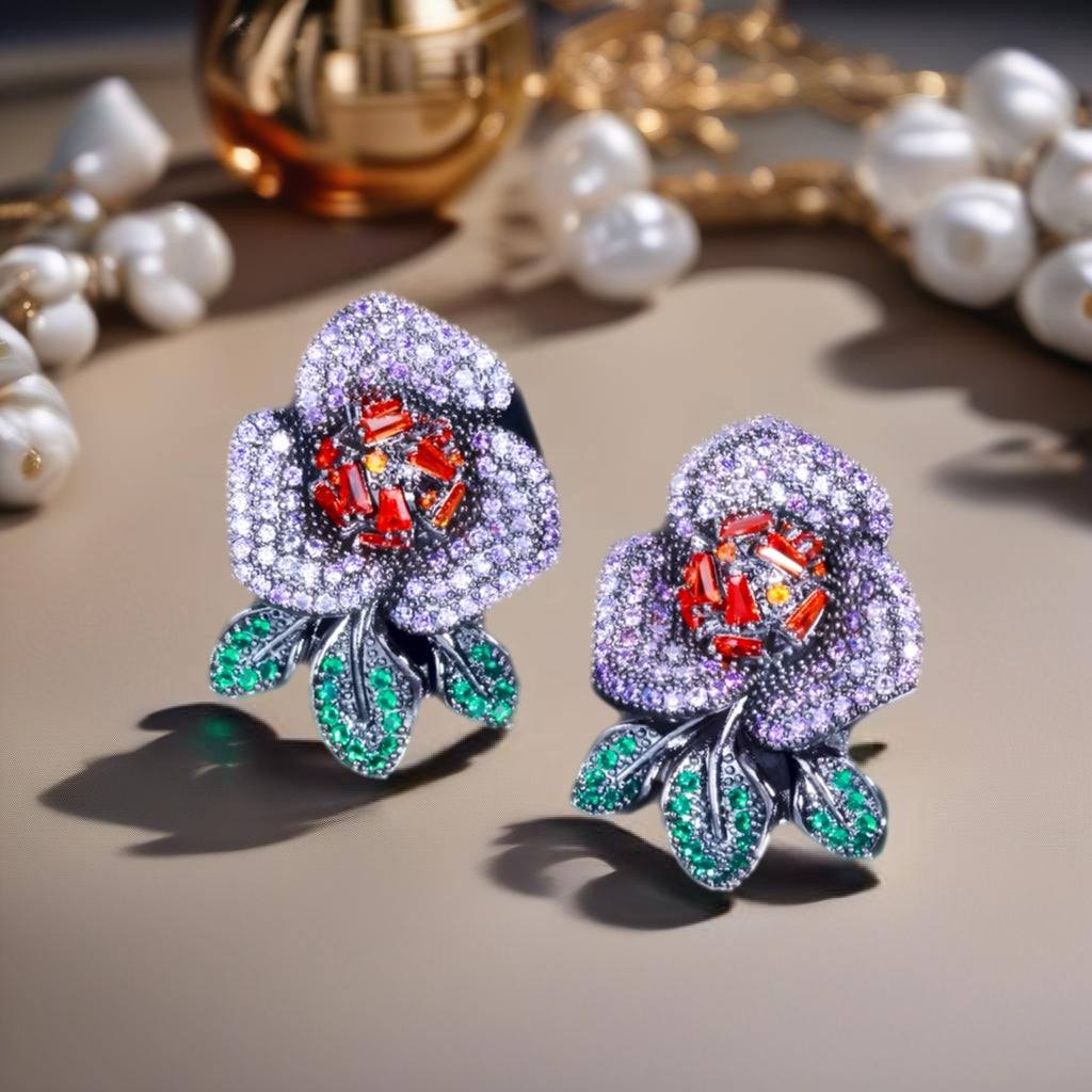 Ametista Bloom – Luxury Floral Cubic Zirconia Stud Earrings in Purple & Red | Bridal & Statement Jewelry