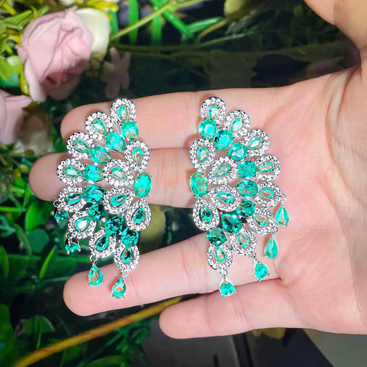 Orchid Peacock-Shaped Statement Earrings – Sparkling Blue-Green Cubic Zirconia Dangle Jewelry for Parties & Special Occasions