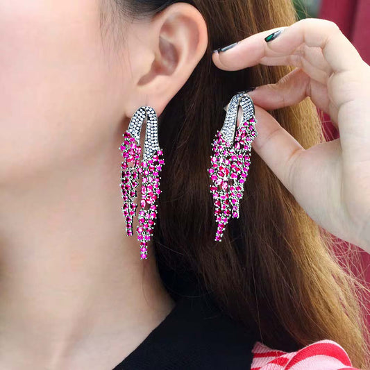 Scarlet Camellia Extra Long Dangle Earrings – Radiant Cubic Zirconia Crystal Bridal & Party Jewelry